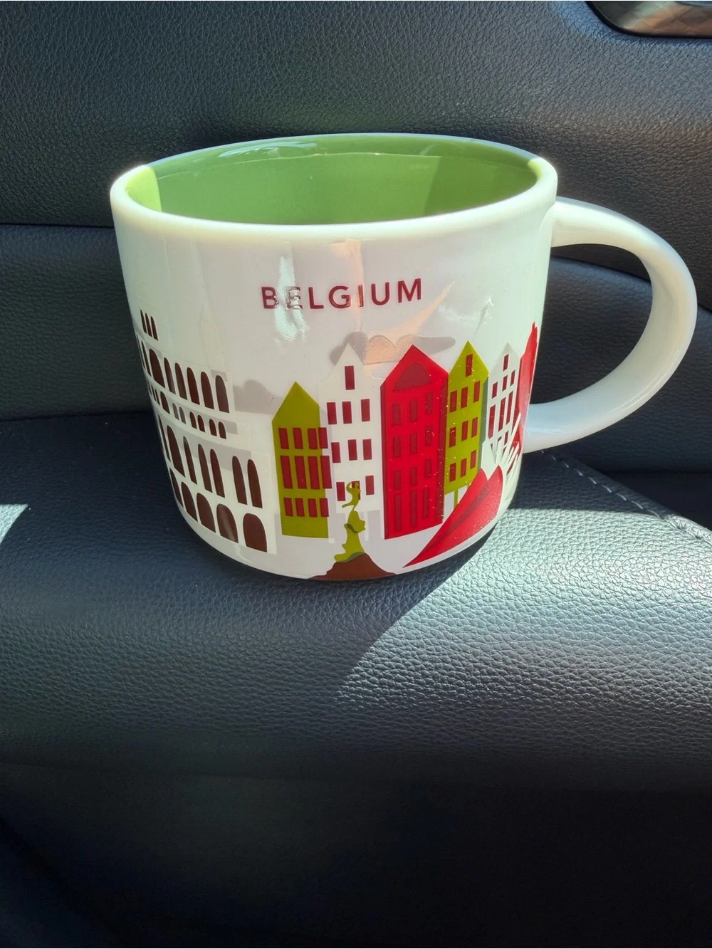 Starbucks Belgium Ceramic Mug White Green Brown Red Accents Collector Travel